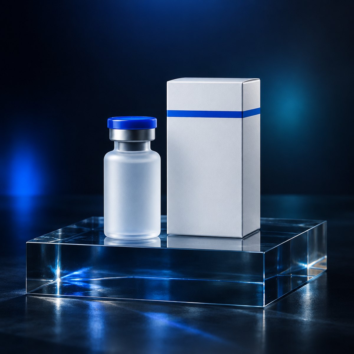 Frosted glass vial with a blue cap beside a plain white carton