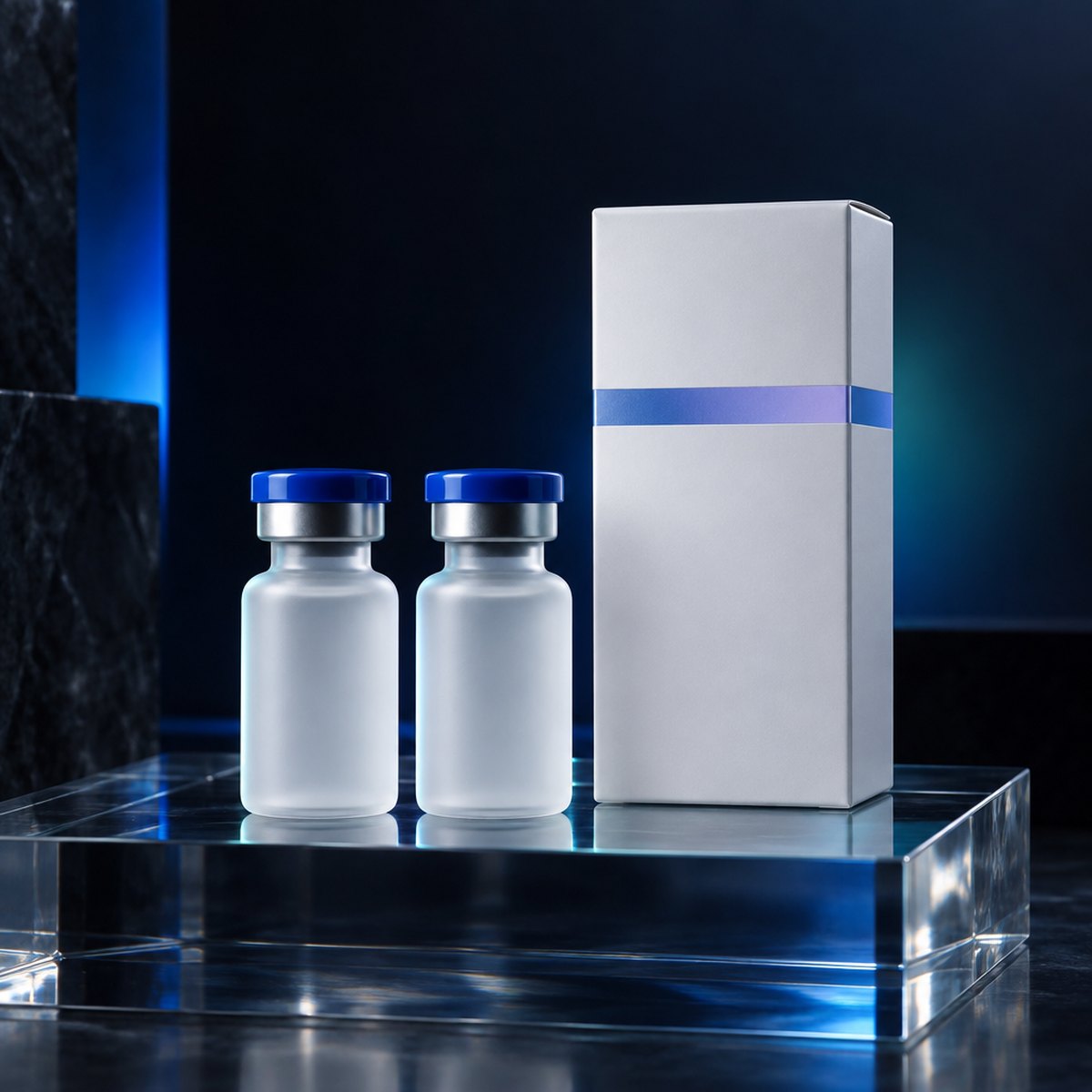Two frosted glass vials beside a plain white carton