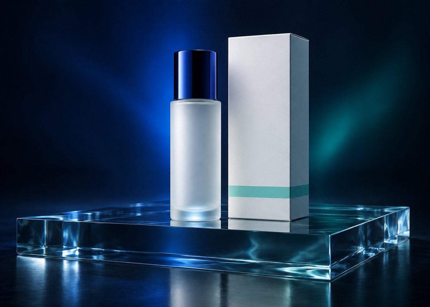 Frosted bottle with a blue cap beside a plain white carton with a mint band