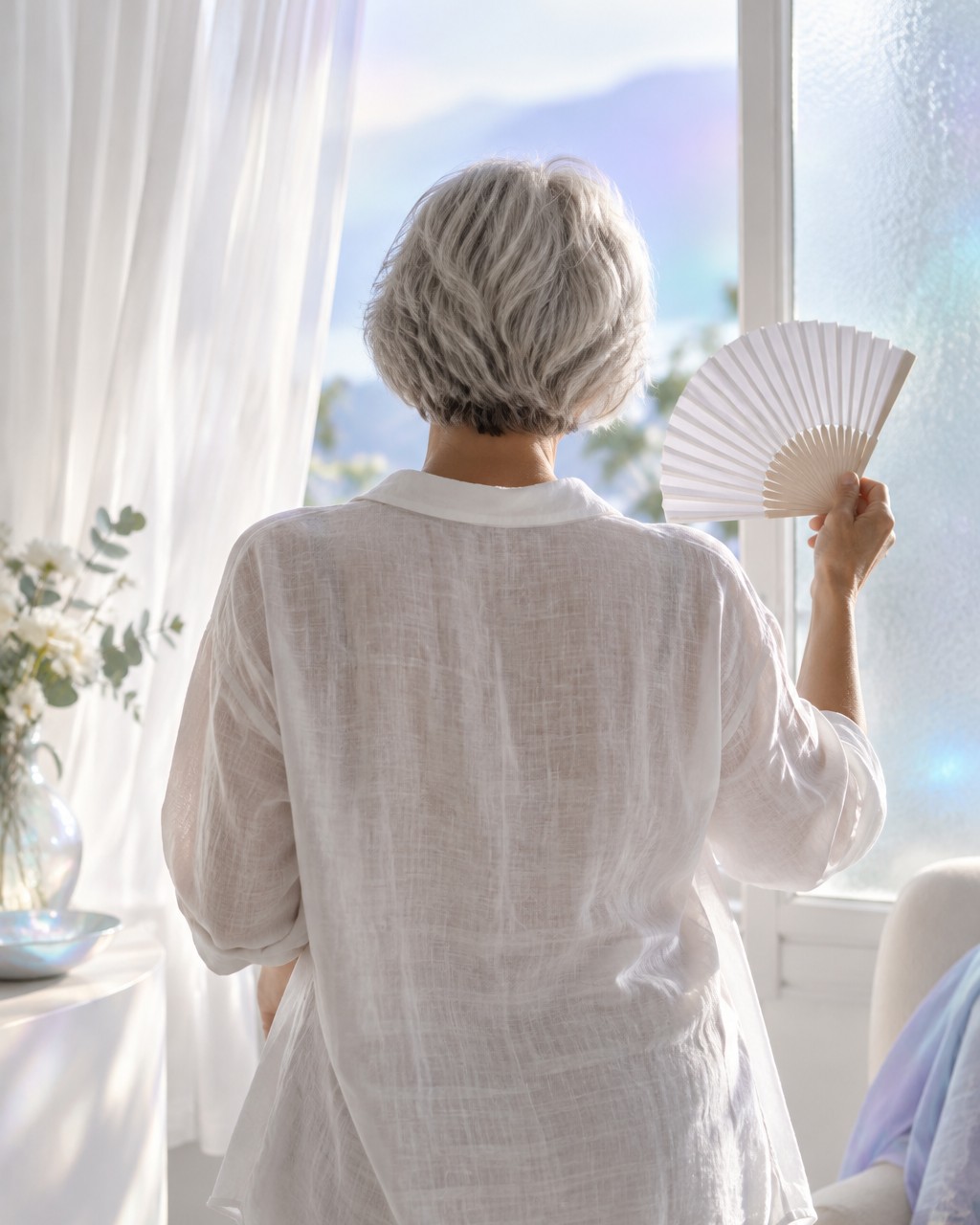 Woman with silver hair cooling herself with a paper fan by a window
