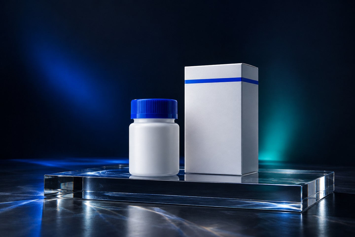White tablet bottle with a blue cap beside a white carton on a glass plinth