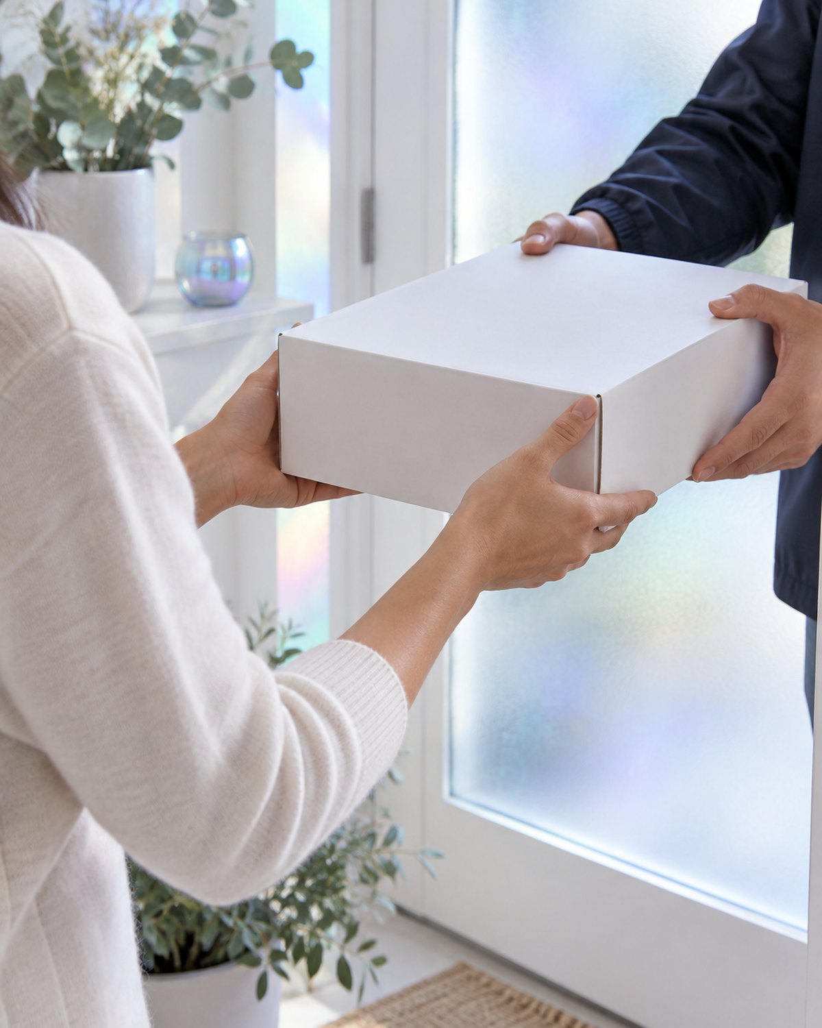 Hands holding a plain white delivery box at the front door