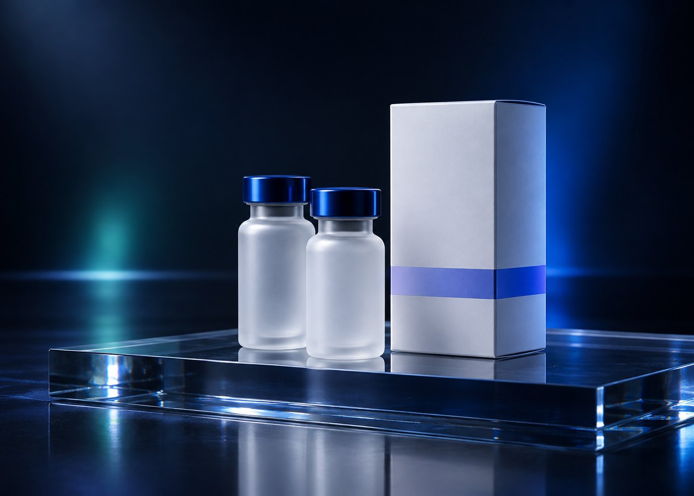 Two frosted glass vials beside a plain white carton