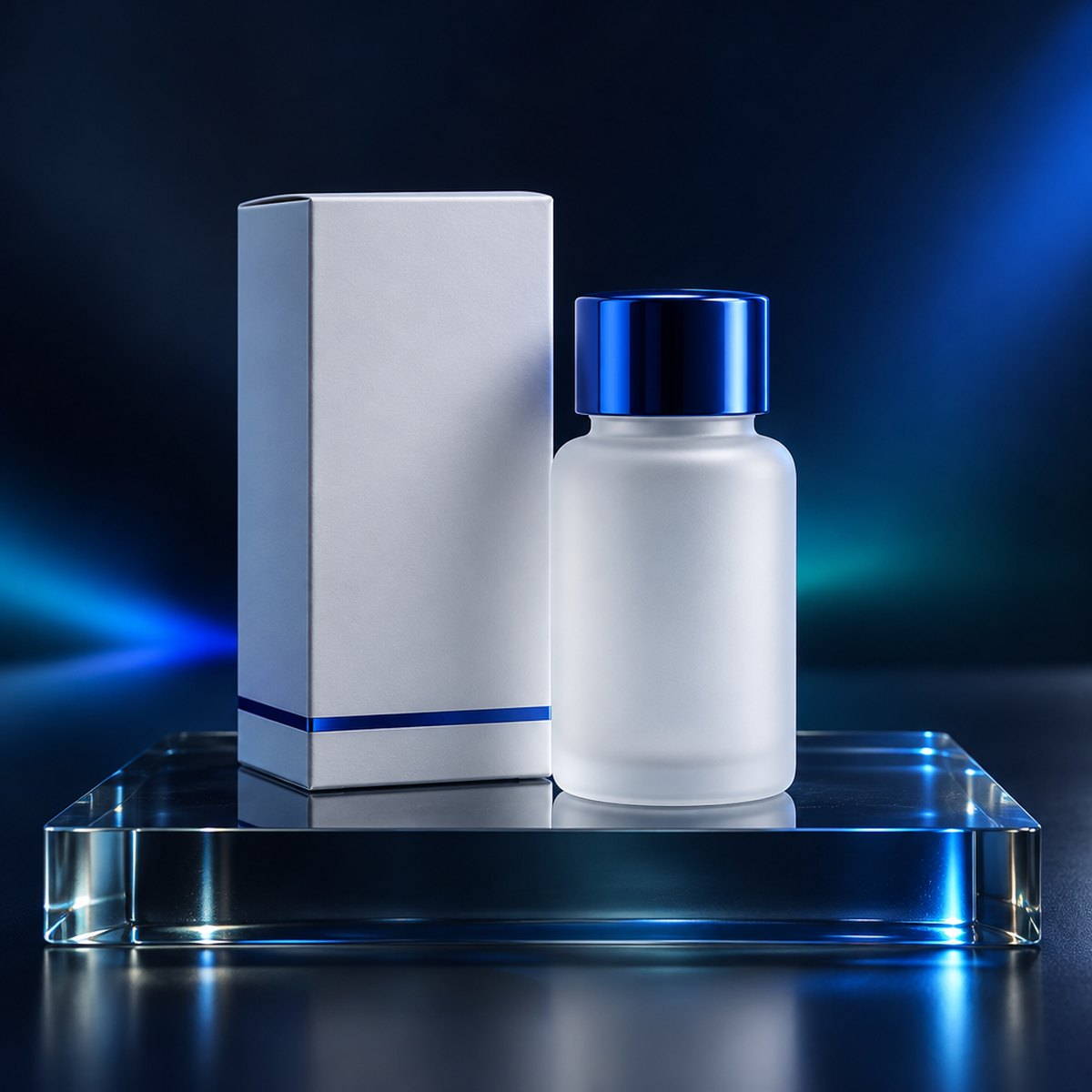 Compact frosted bottle with a blue cap beside a plain white carton
