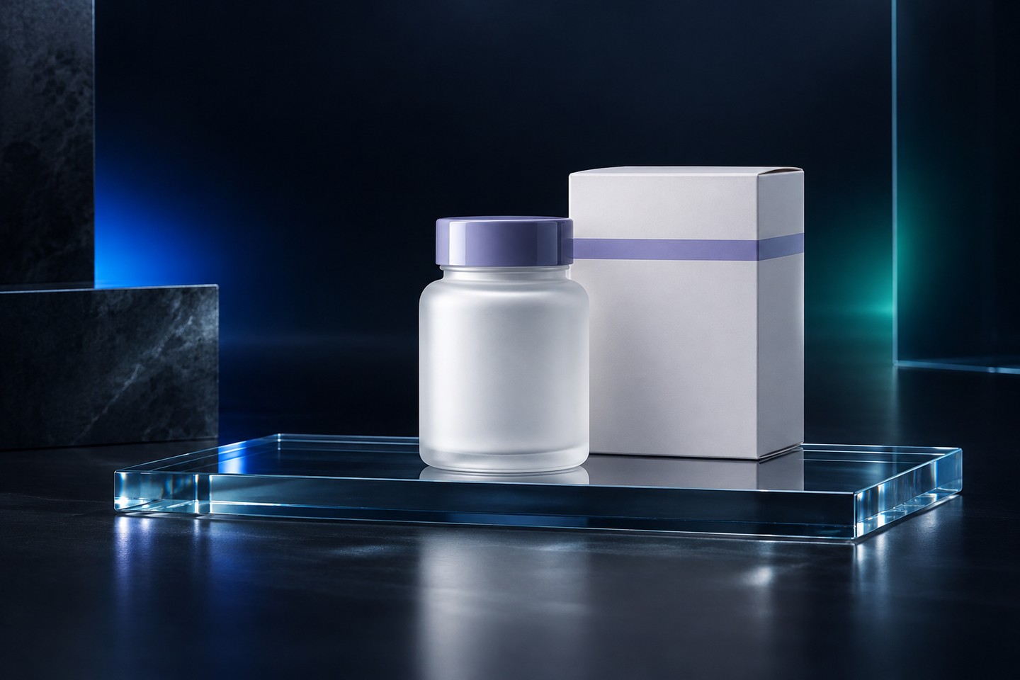 Frosted capsule bottle with a lavender cap beside a white carton on a glass plinth