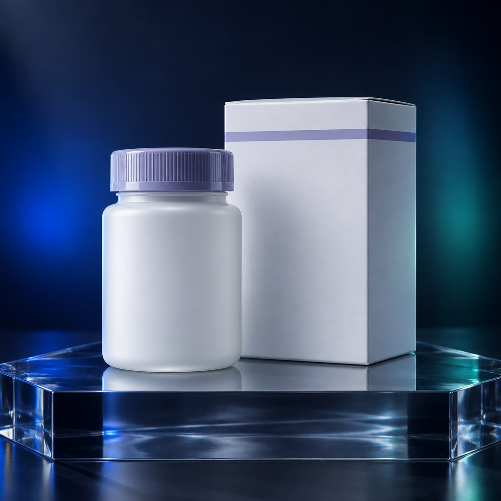 White tablet bottle with a lavender cap beside a plain white carton