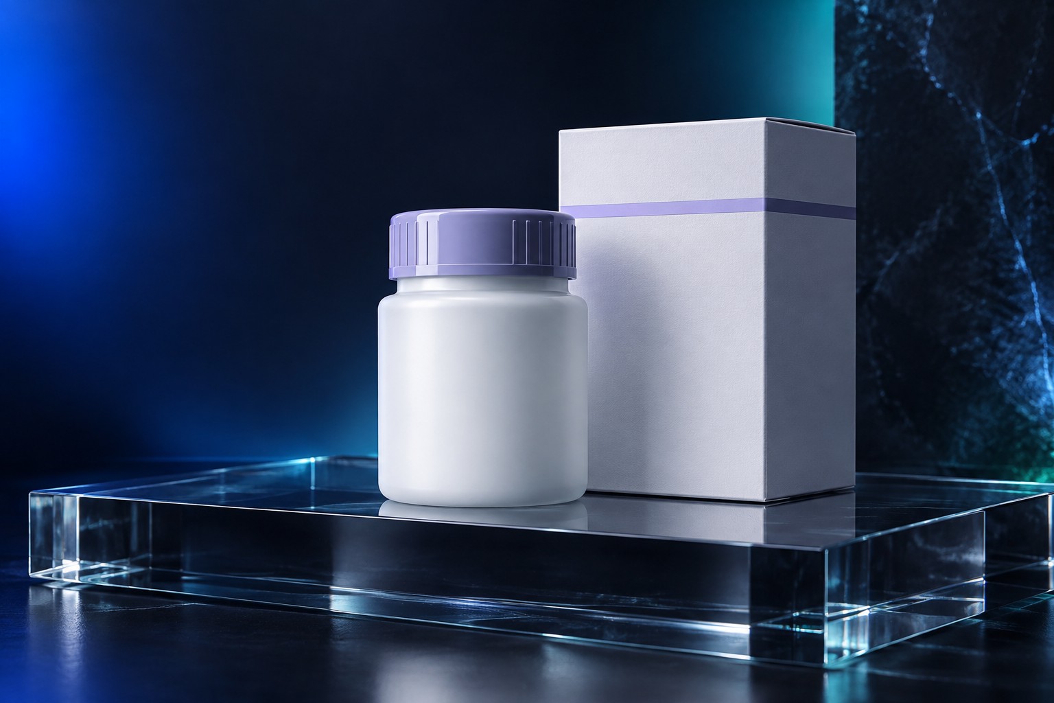 White tablet bottle with a lavender cap beside a plain white carton