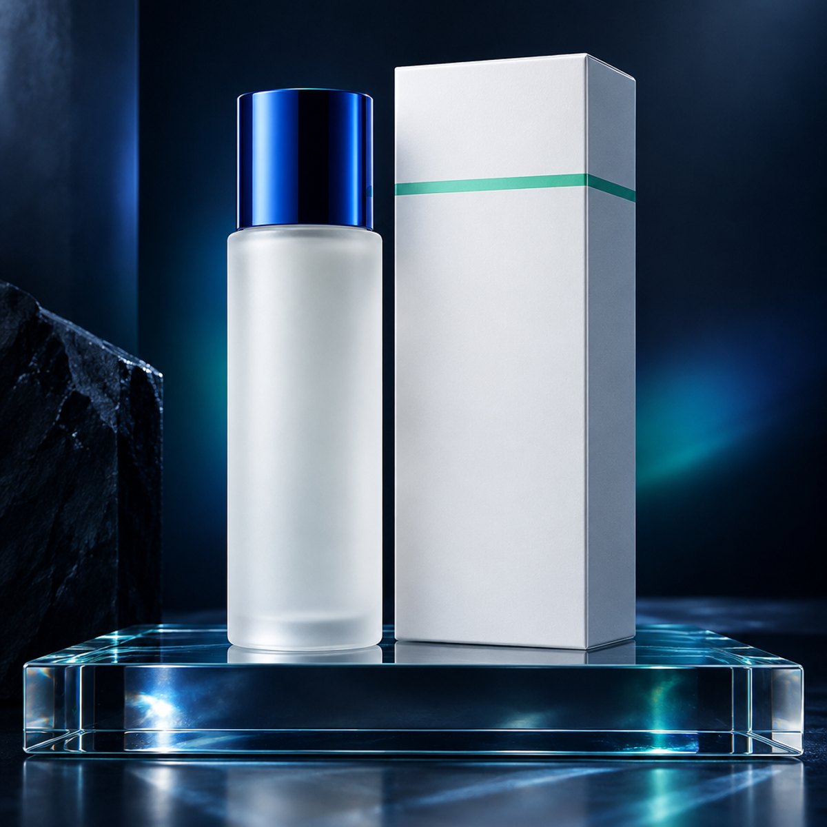 Frosted bottle with a blue cap beside a plain white carton with a mint band