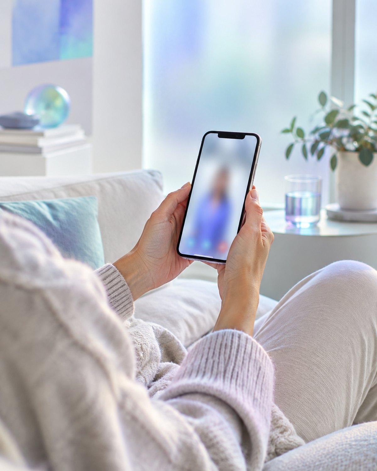 Hands holding a phone during a telehealth video visit