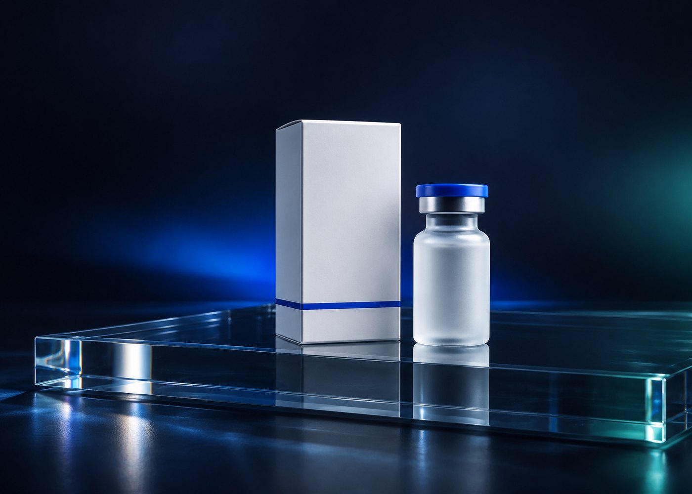 Frosted glass vial with a blue cap beside a plain white carton