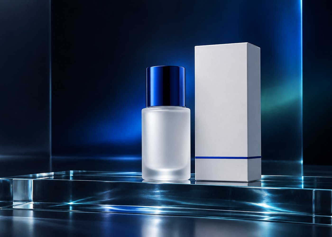 Compact frosted bottle with a blue cap beside a plain white carton